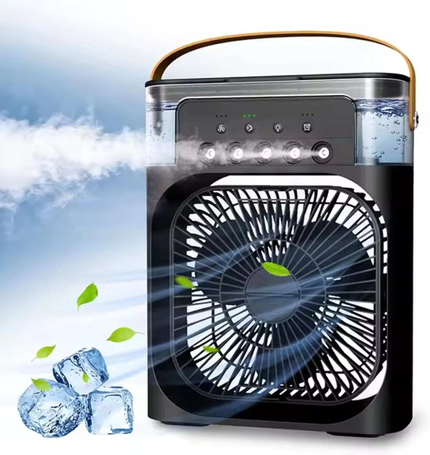 Ventilador acondicionado portátil, 3 velocidades de viento y rociador con luz LED COLORES 100% EFECTIVO