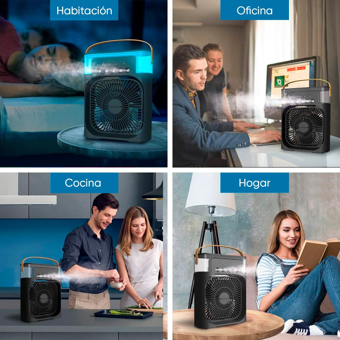 Ventilador acondicionado portátil, 3 velocidades de viento y rociador con luz LED COLORES 100% EFECTIVO